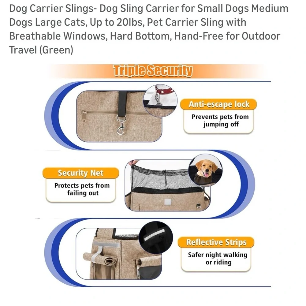 Small Dog/Cat Carrier Sling with Triple Security.Pet travel bag. Airline pet bag